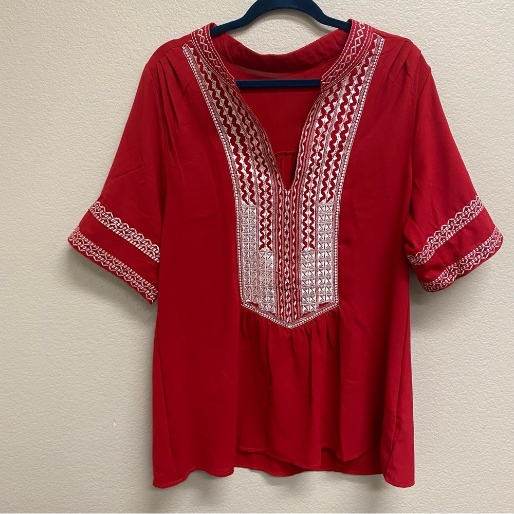 Embroidered Red Women's Top - Picture 2 of 6